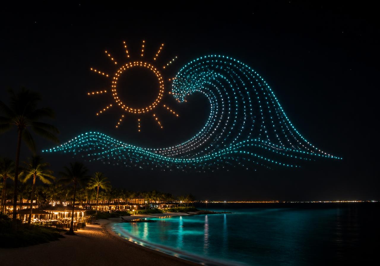Drone show tạo hình sóng biển và mặt trời trên khu resort